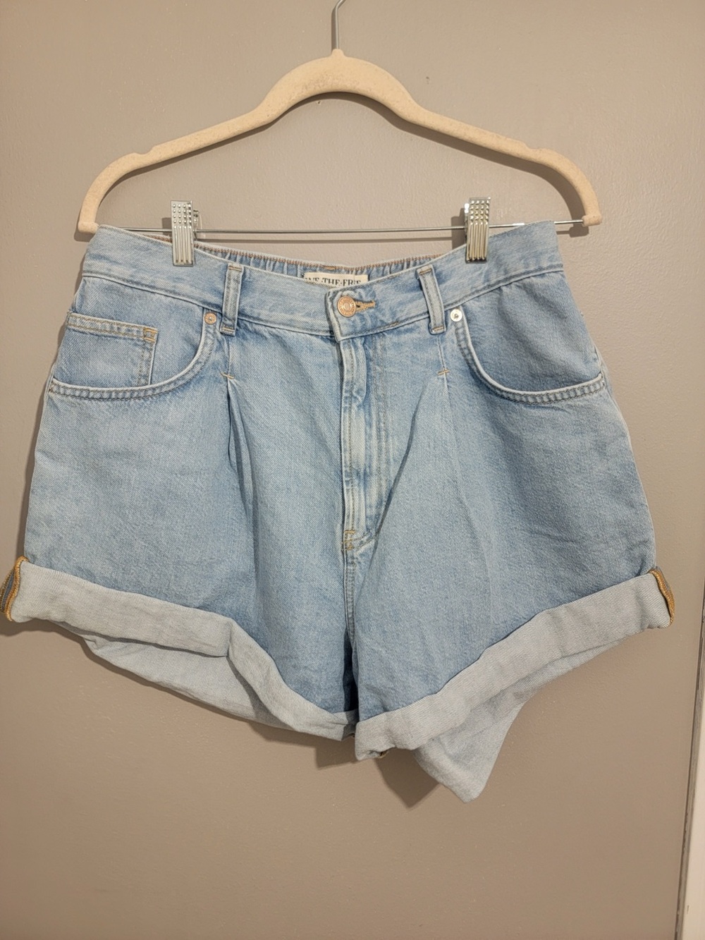Free People Light Blue High-Waist Rolled-Hem Denim Shorts